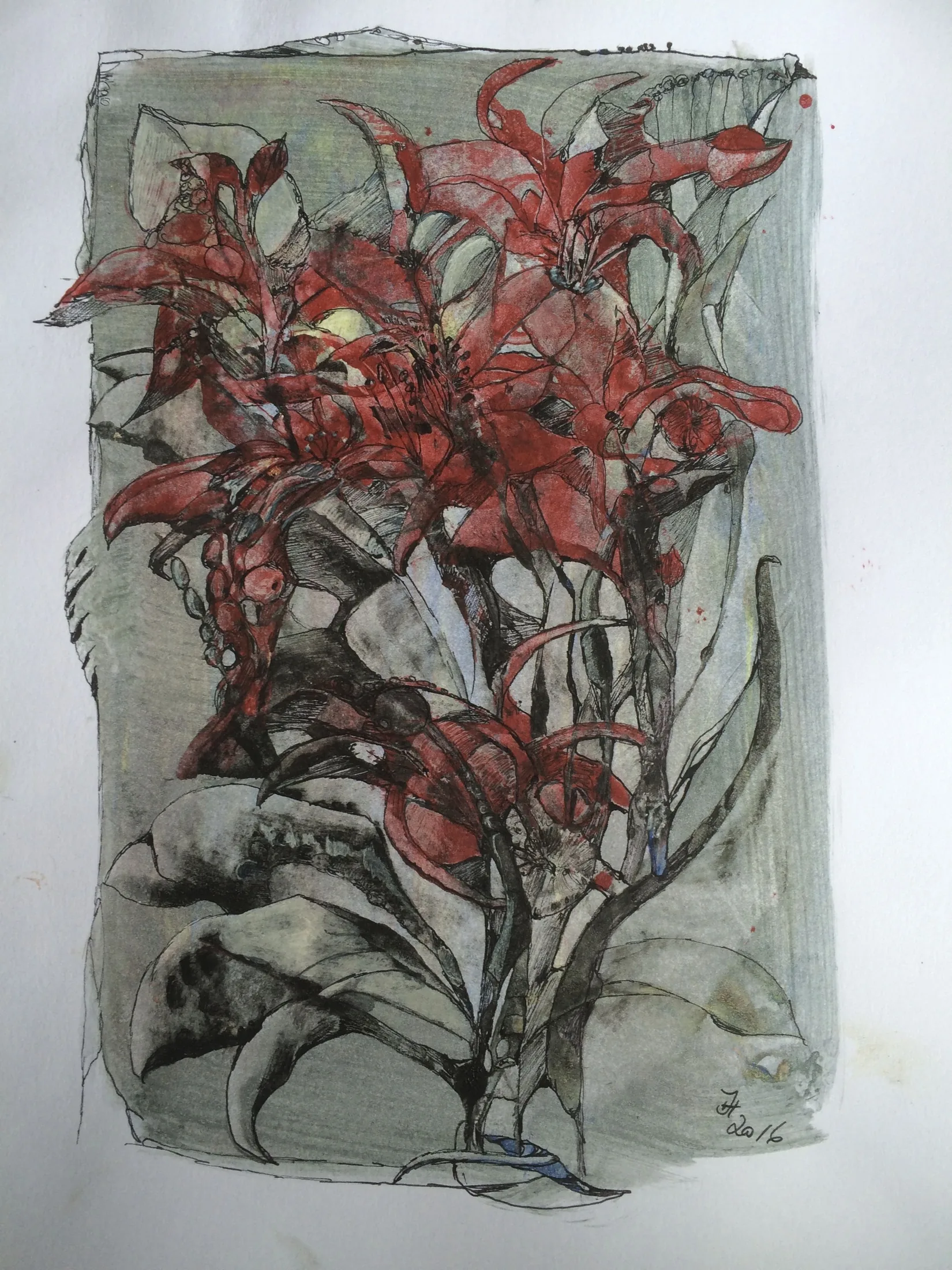 flowerpower in red,acryl und tusche auf papier,din a 4 ,2016